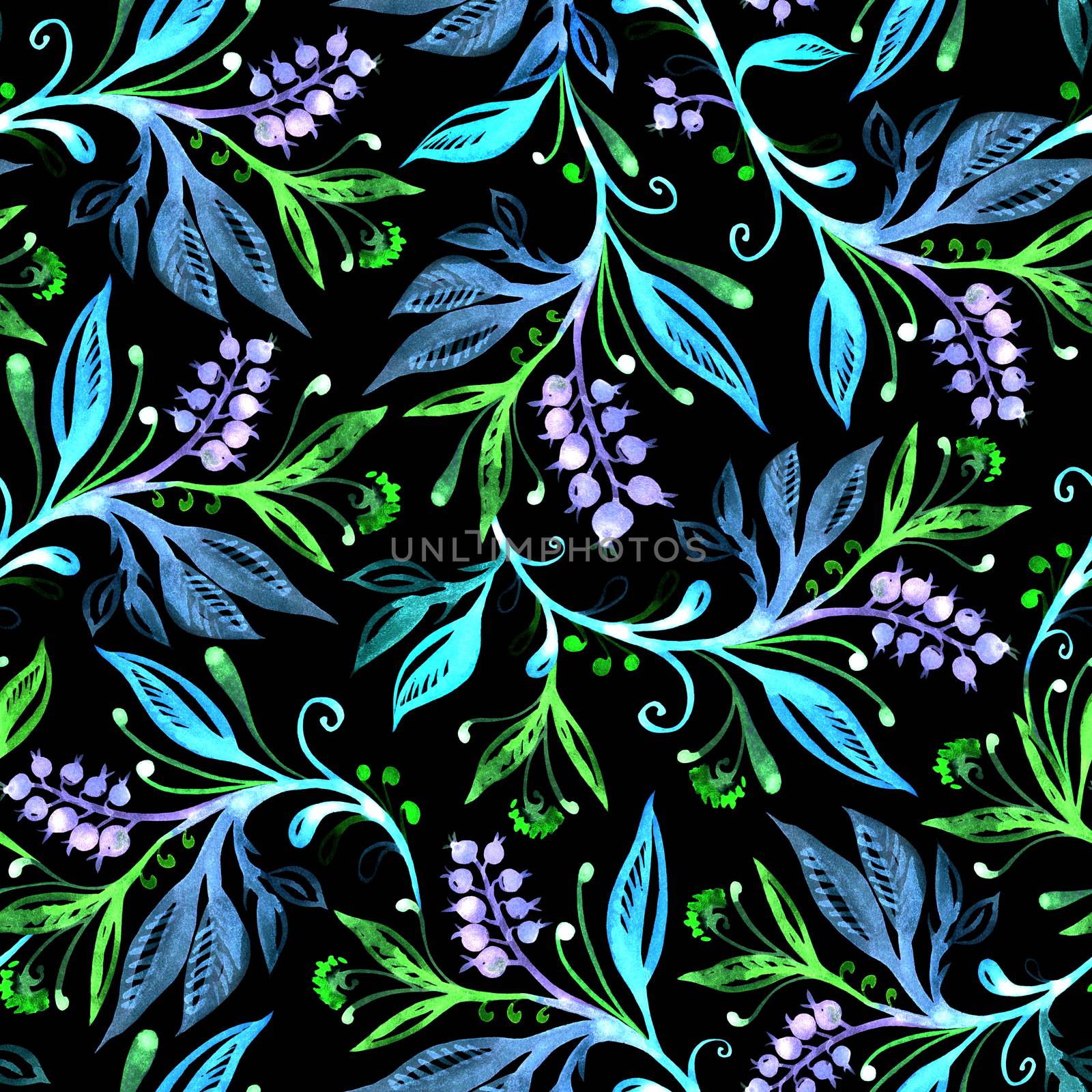 Floral seamless pattern with leaves and berries on a black background. Hand drawing and digitized. Design for wallpaper, textile, fabric, bookend, wrapping.