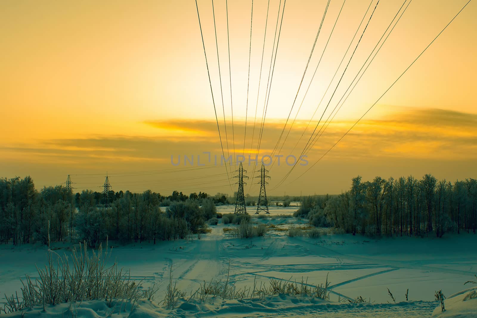 Evening industrial landscape winter. Siberia.