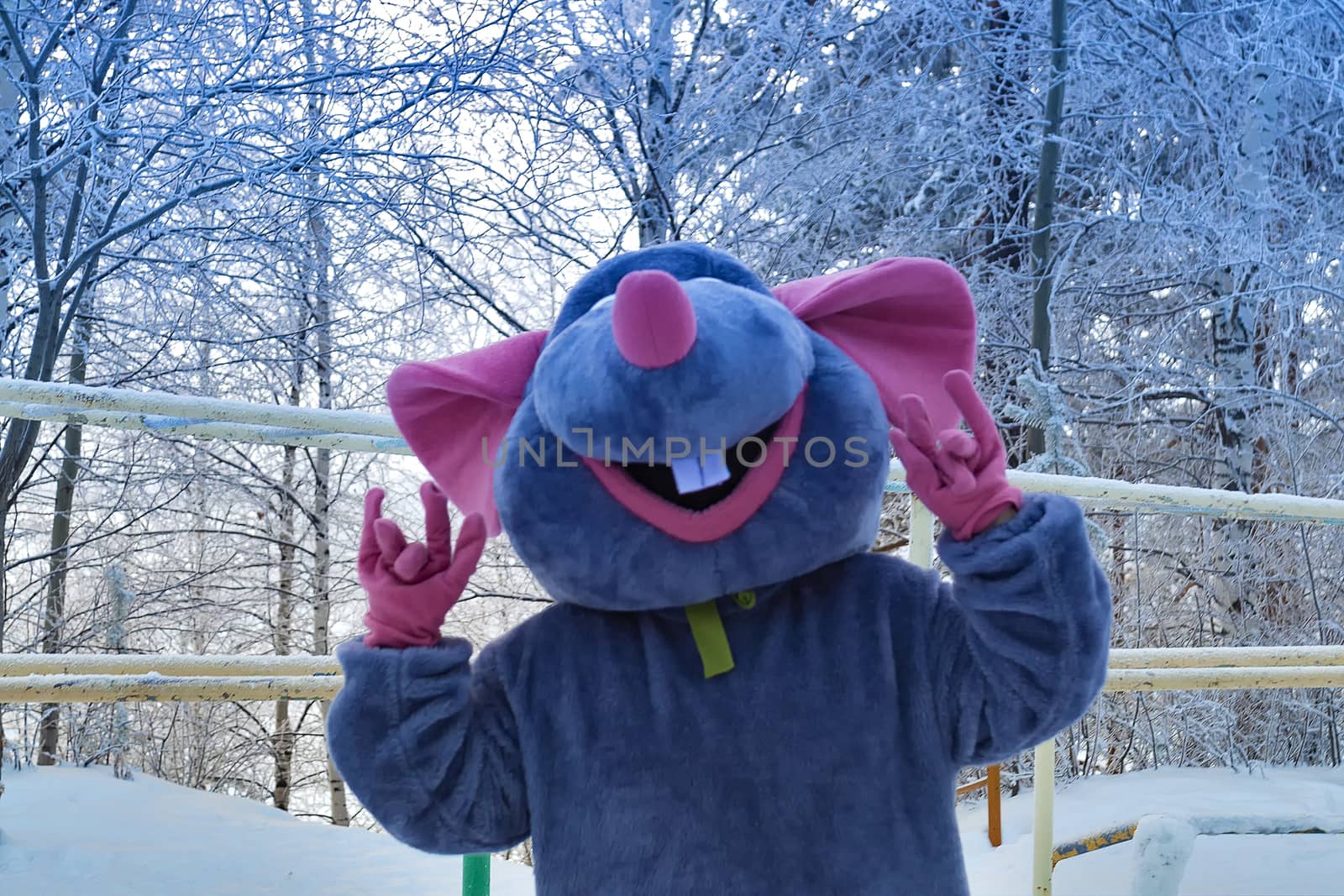Animator in mouse costume. Symbol 2020. Siberian forest.