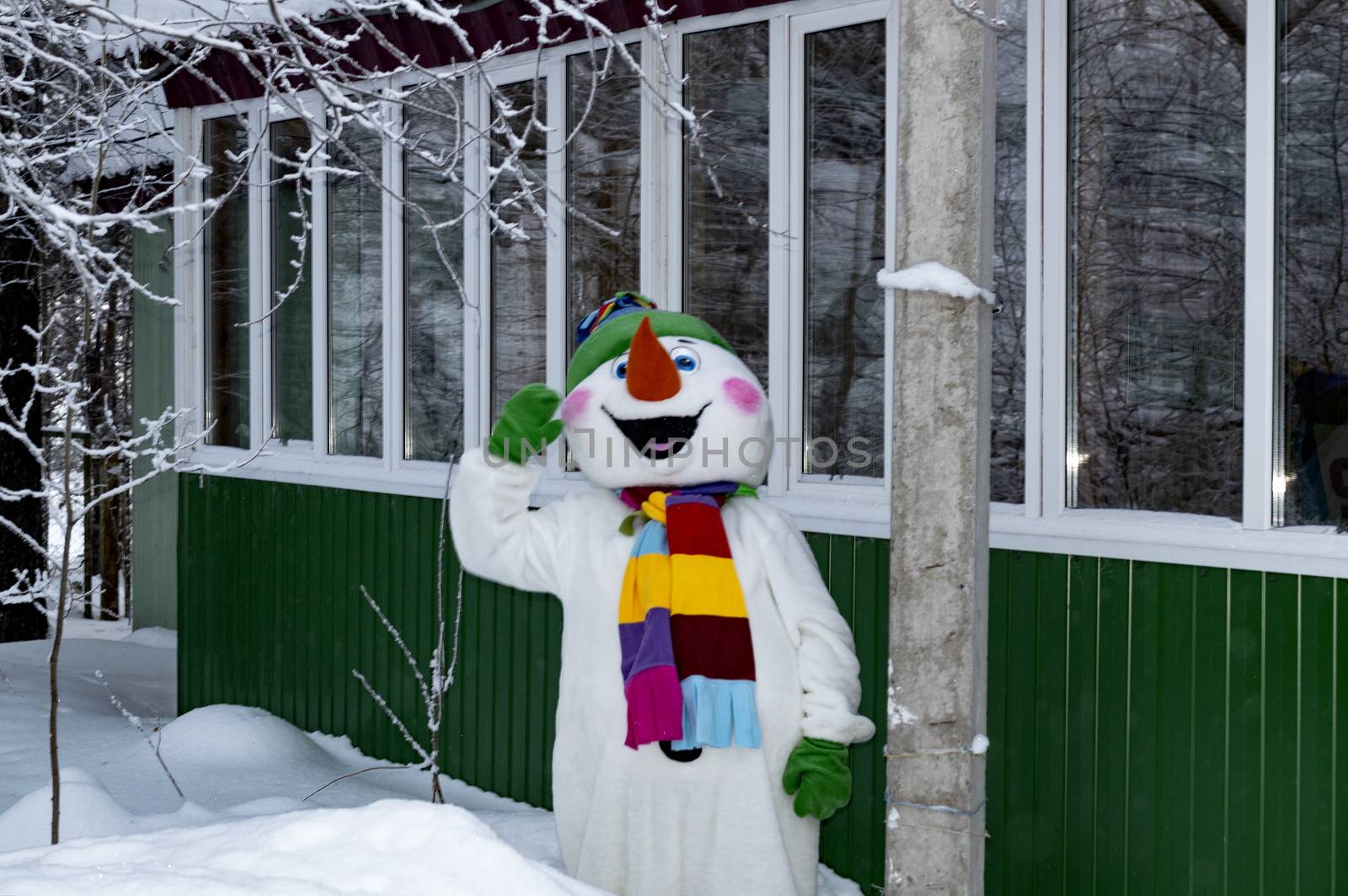 A snowman in a costume near a wooden building. Cristmas.