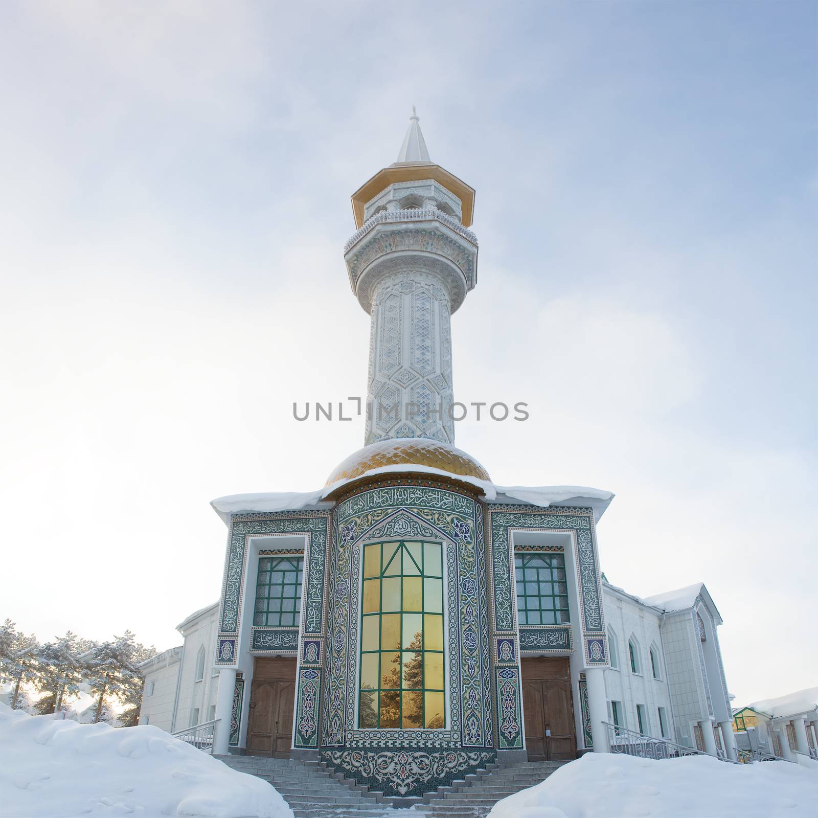 Muslim mosque in the Siberian city. View from below. Square snapshot