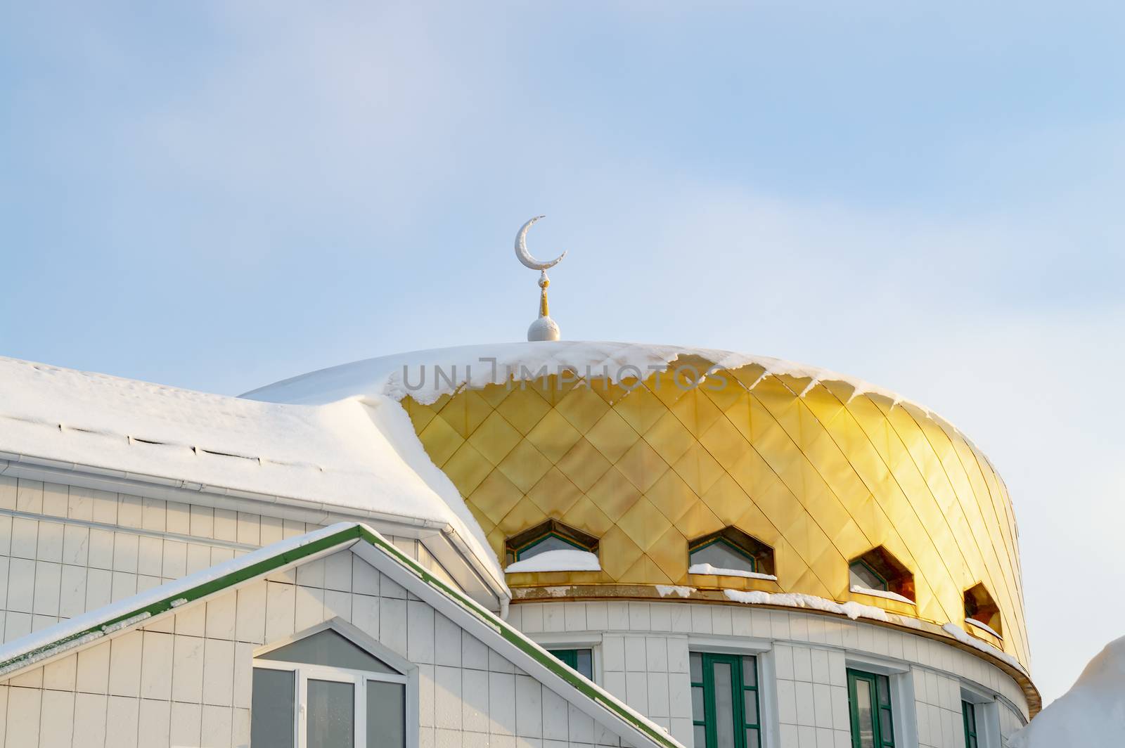 Dome of mosque in Siberian city. Horizon is littered with author's idea.