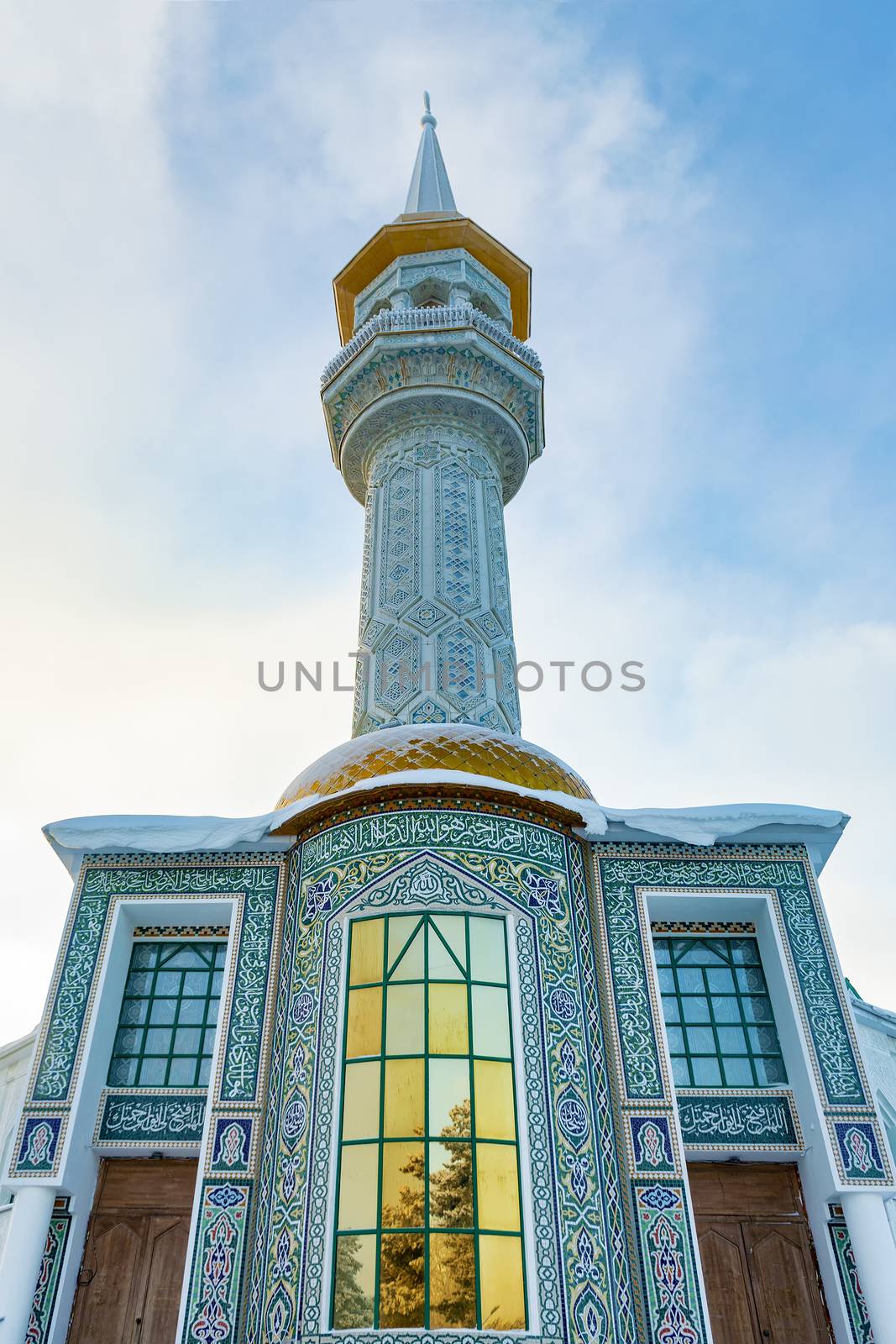 Muslim mosque in the Siberian city. View from below. Vertical snapshot