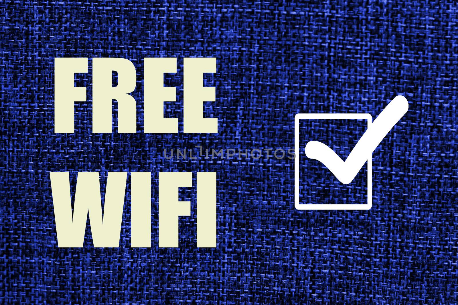 Textile colors classic blue background and words free wifi and symbol is ticked in rectangle. Front view.