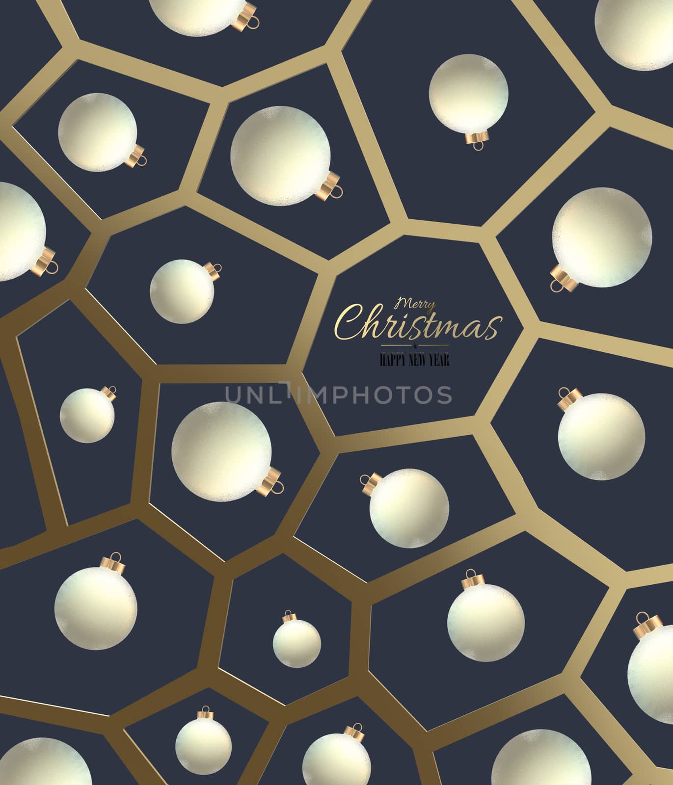 3D abstract Christmas background with realistic balls baubles. Gold geometric frame on blue background. Gold text Merry Christmas Happy New year. 3D render