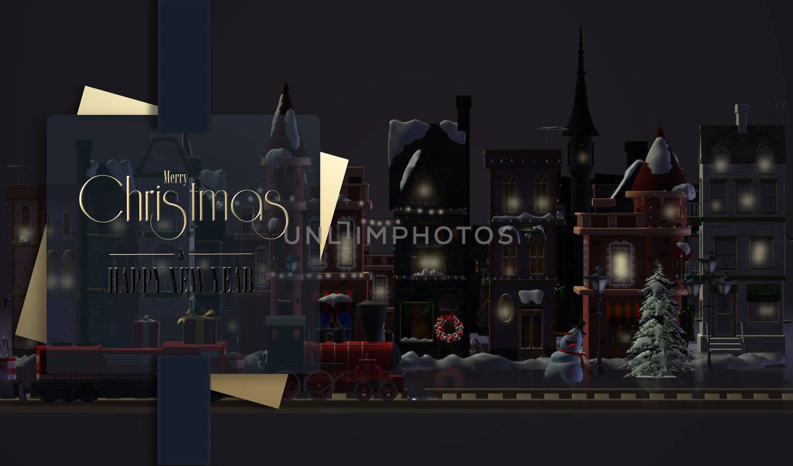 Christmas magic night with old cityscape, street lights in 3D illustration. Design for Xmas New Year card. Text on gift tag Merry Christmas Happy New Year