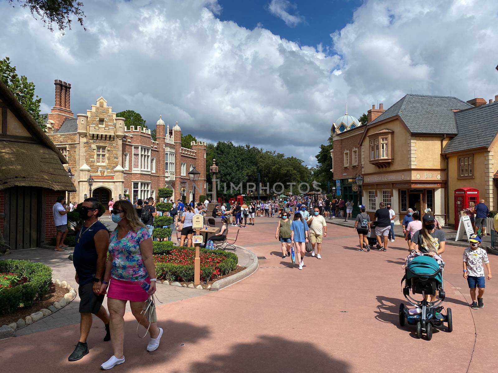 orlando,FL/USA-10/24/20: People walking around the England area of the World Showcase in EPCOT at Disney World in Orlando, Florida.