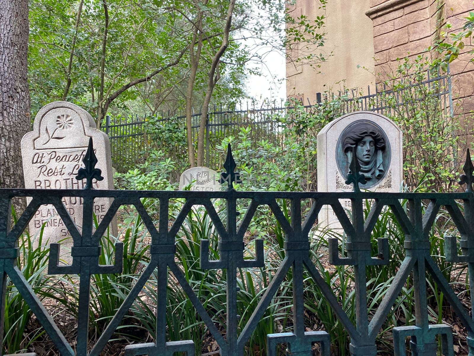 Orlando,FL/USA-10/21/20: The grave markers outside of the Haunted Mansion ride in the Magic Kingdom at  Walt Disney World Resorts in Orlando, FL.