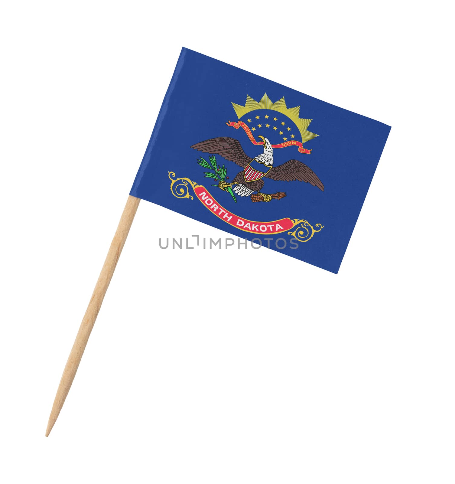 Small paper US-state flag on wooden stick - North Dakota - Isolated on white
