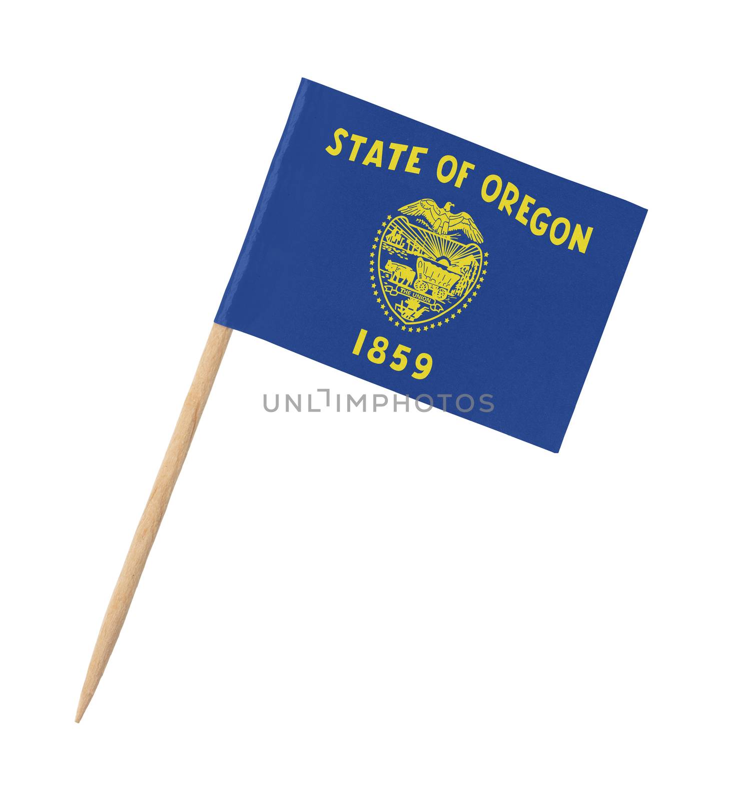 Small paper US-state flag on wooden stick - Oregon - Isolated on white