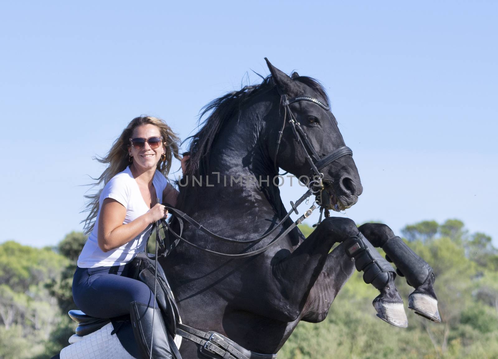  riding girl are training her black horse