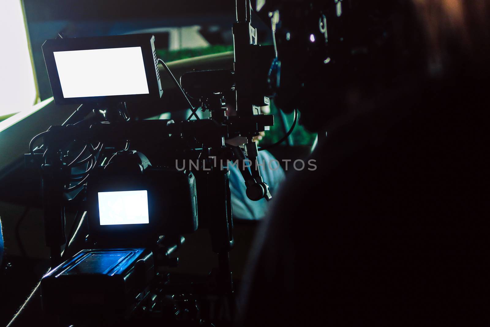 Film industry. Filming with professional camera background