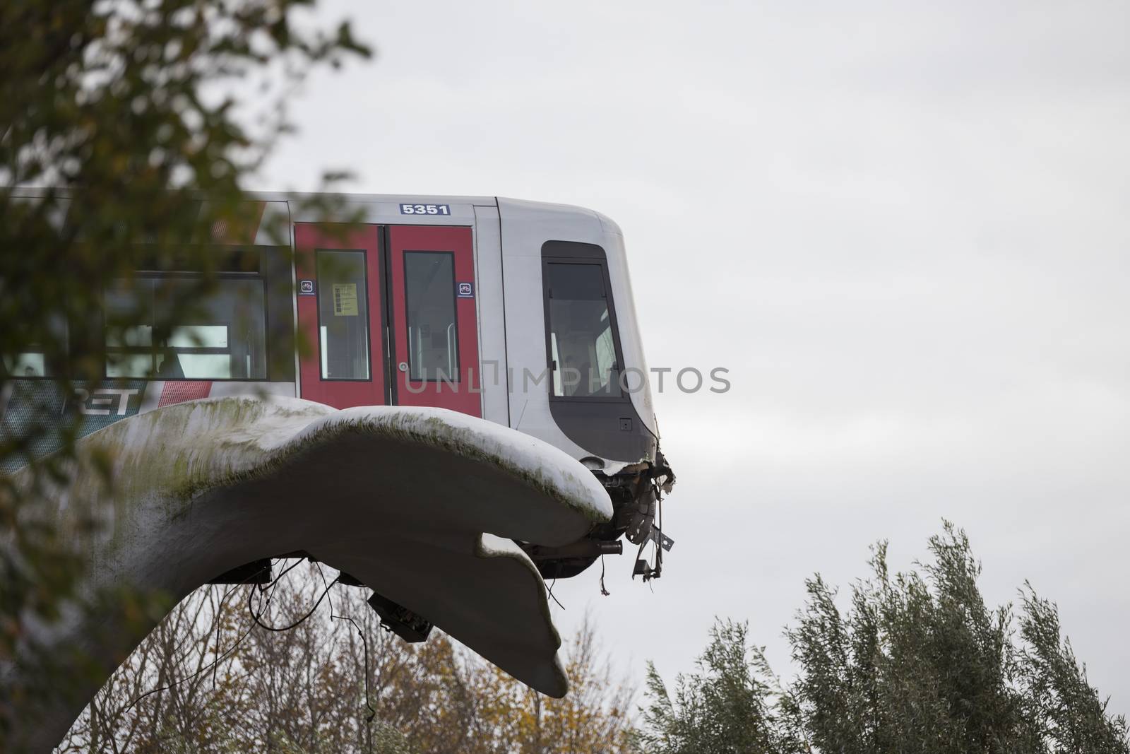 Spijkenisse,Holland,02-nov-2020:a metro has been shot through the buffer at the station de akkers in Spijkenisse in the Netherlands, no injuries were reported