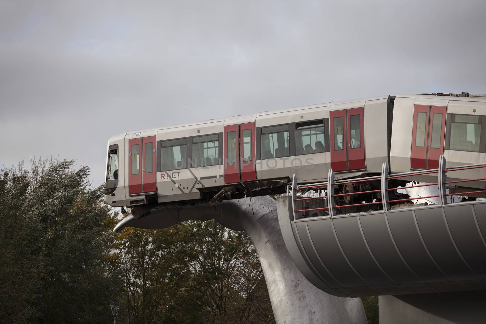 Spijkenisse,Holland,02-nov-2020:a metro has been shot through the buffer at the station de akkers in Spijkenisse in the Netherlands, no injuries were reported