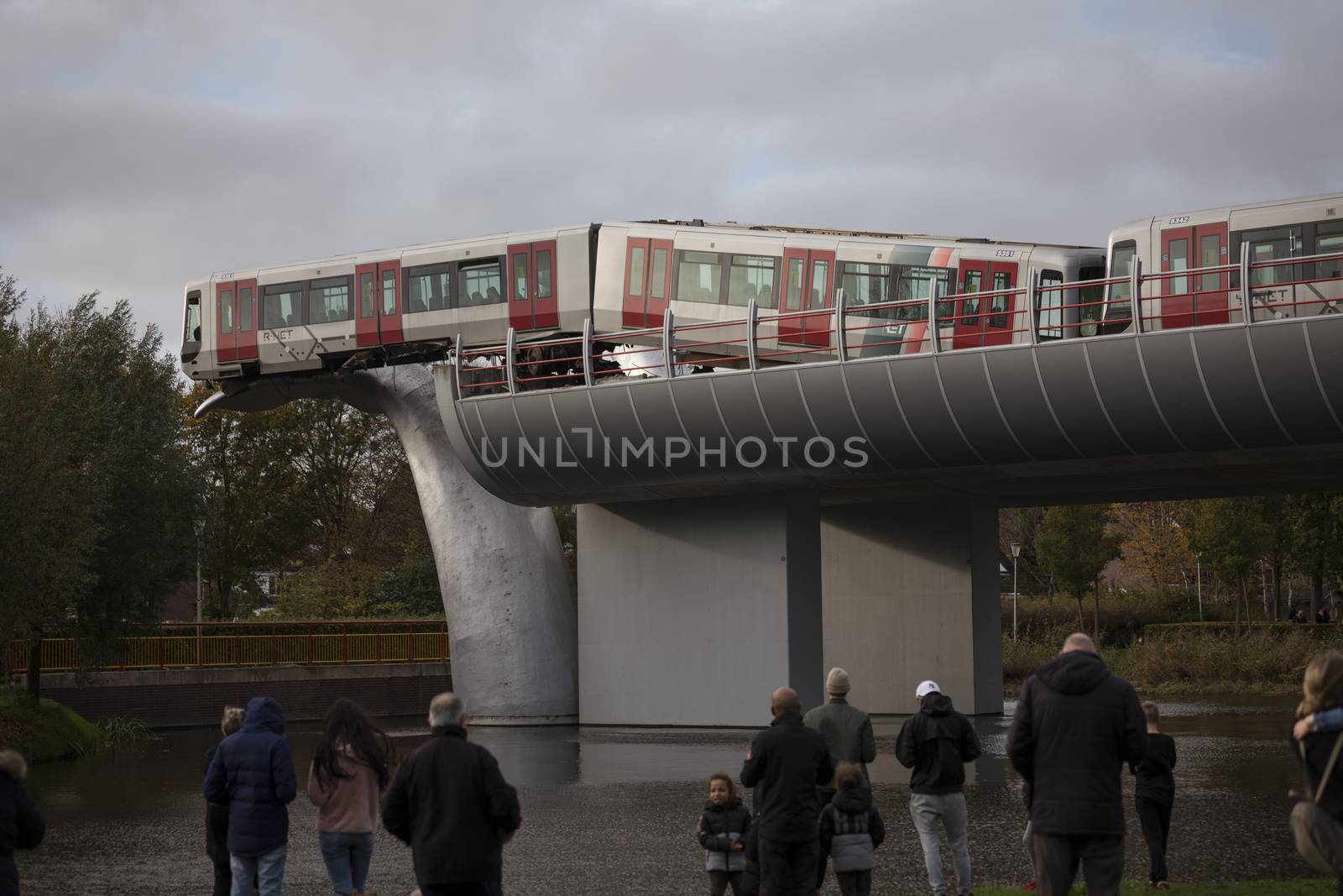 Spijkenisse,Holland,02-nov-2020:a metro has been shot through the buffer at the station de akkers in Spijkenisse in the Netherlands, no injuries were reported