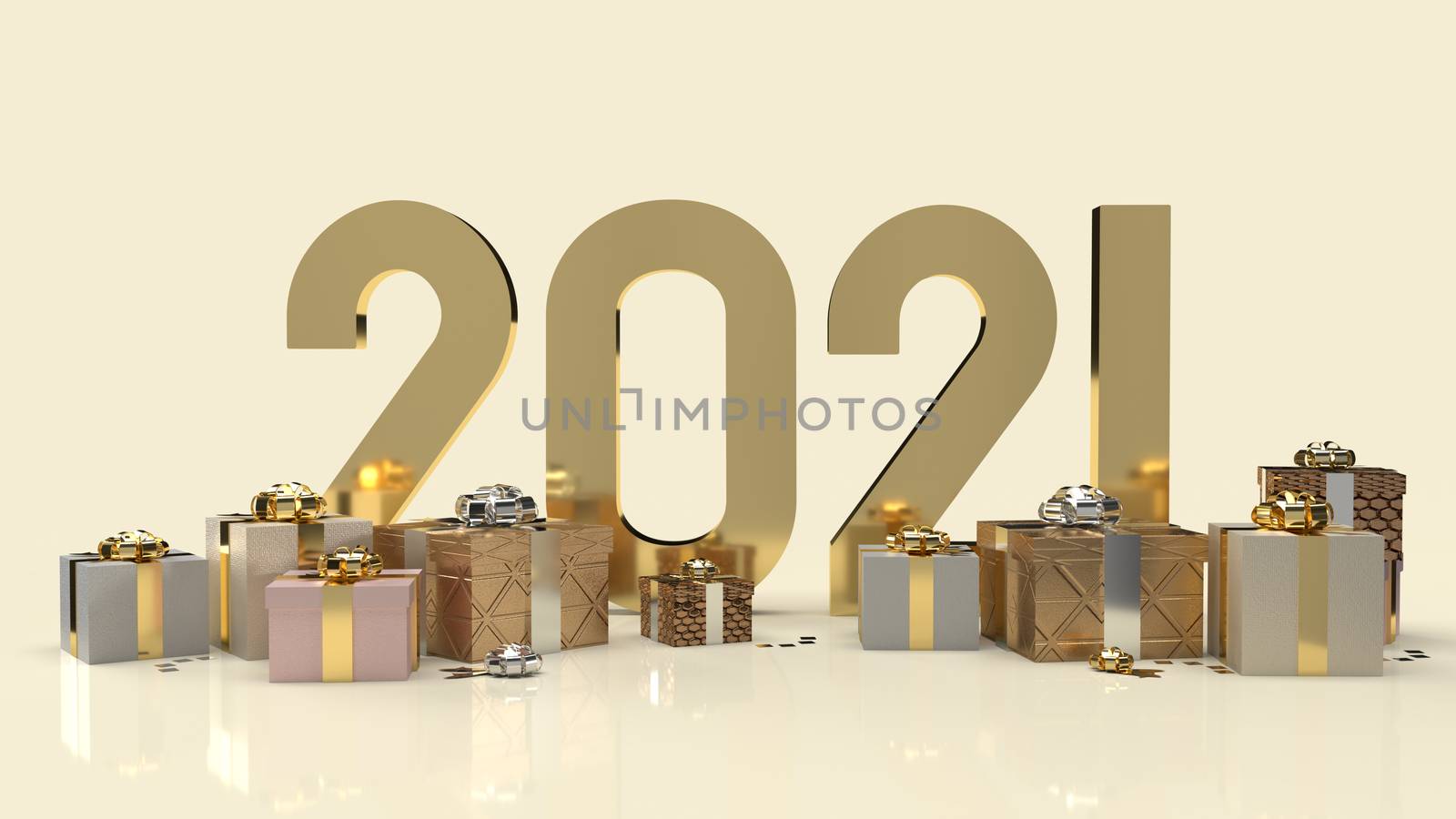 gold 2021 text and gift box for new year content 3d rendering. by Niphon_13