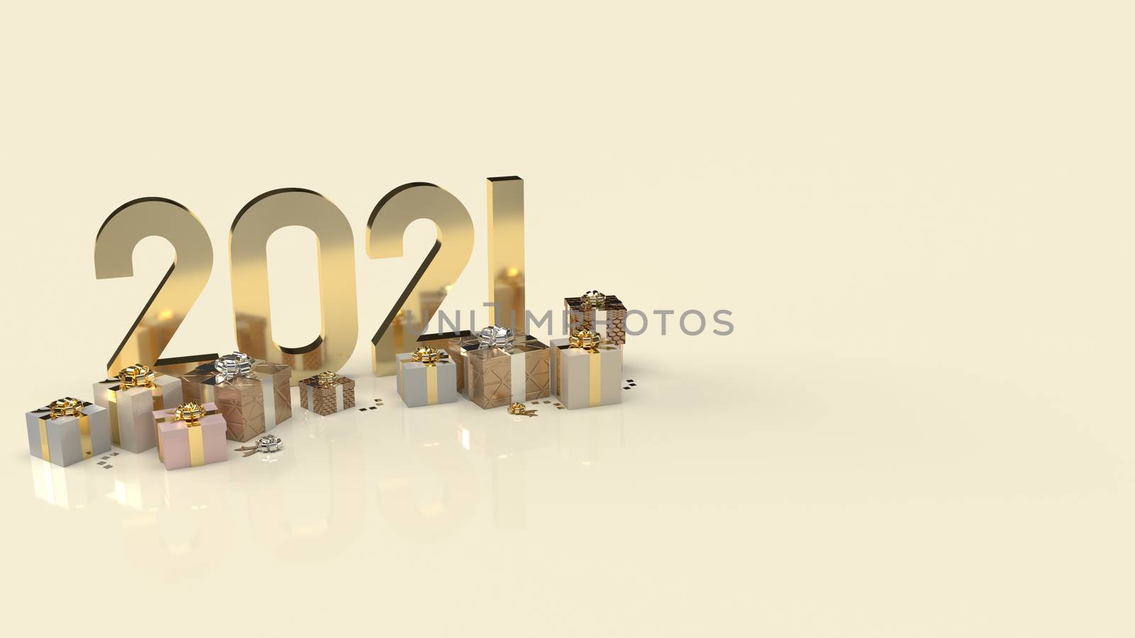 The gold 2021 text and gift box for new year content 3d rendering.