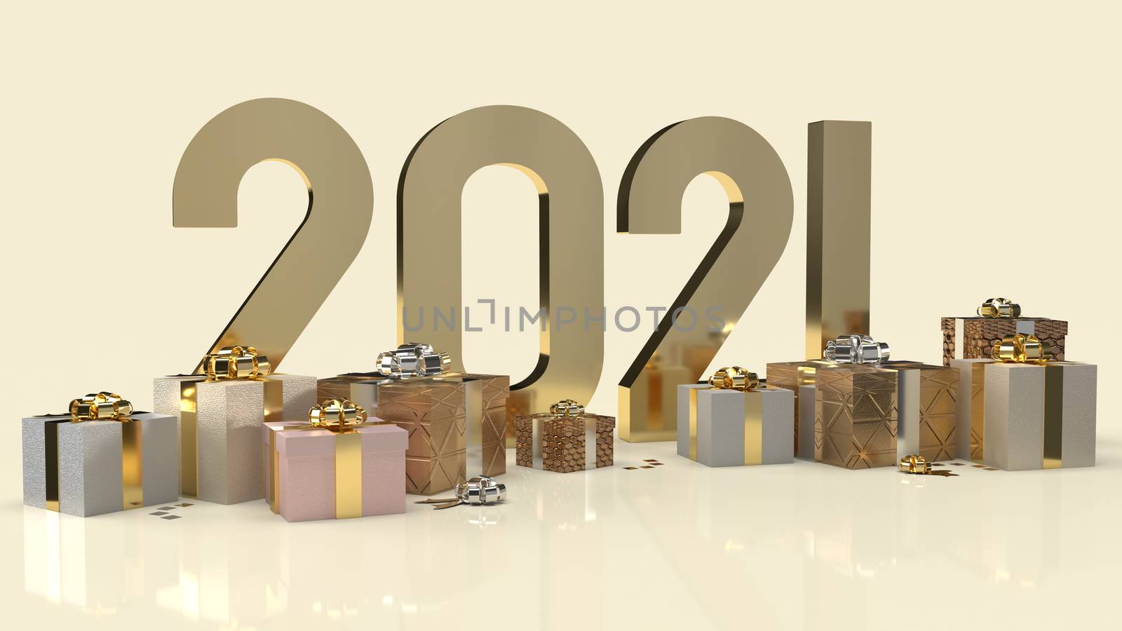 The gold 2021 text and gift box for new year content 3d rendering.