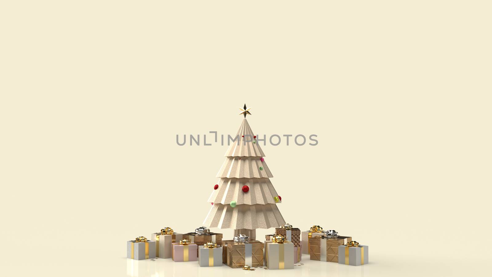 gold Christmas tree and gift box for new year content 3d rendering.
