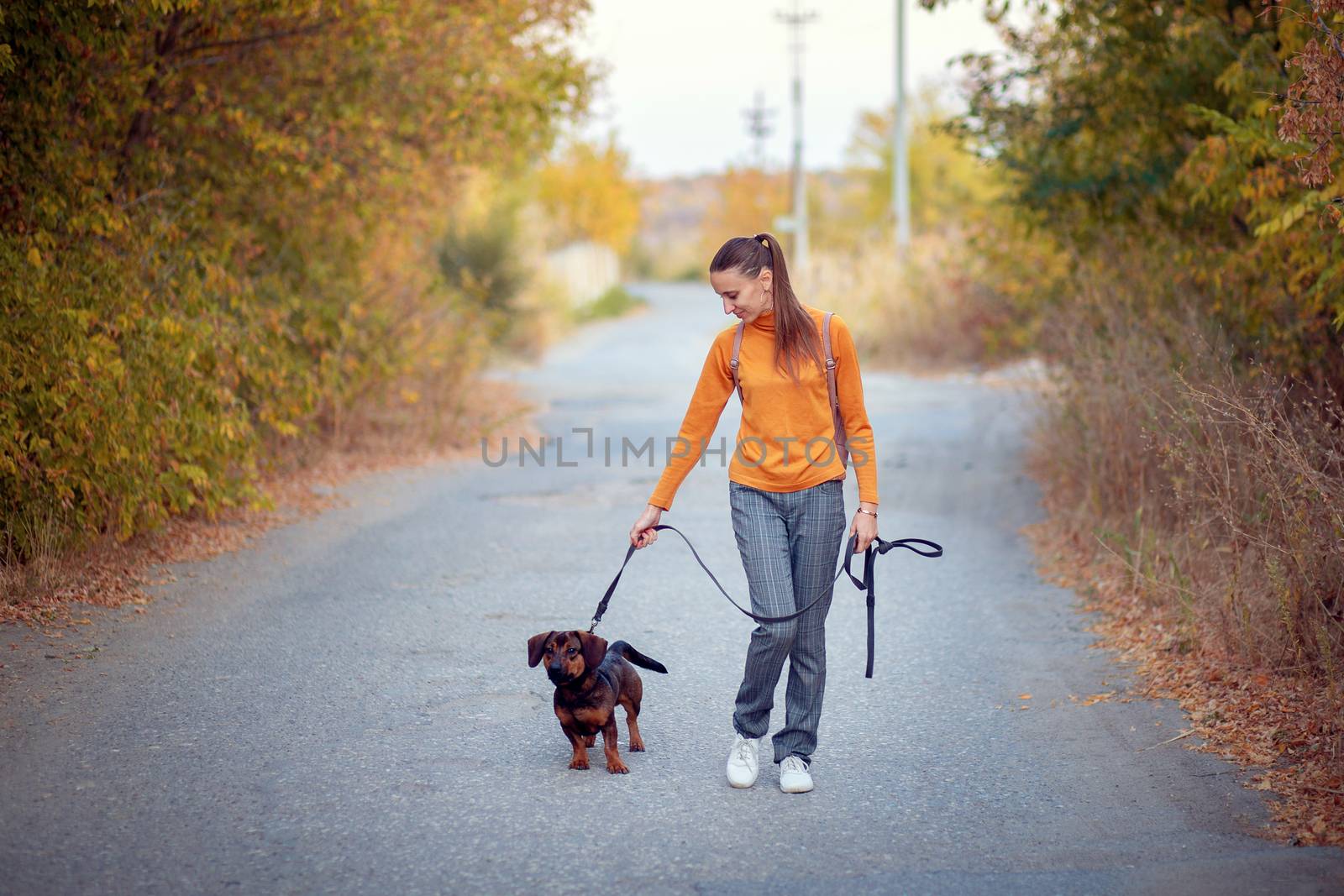 Young woman in an orange turtleneck and jeans walks with a dog on a leash in an autumn park