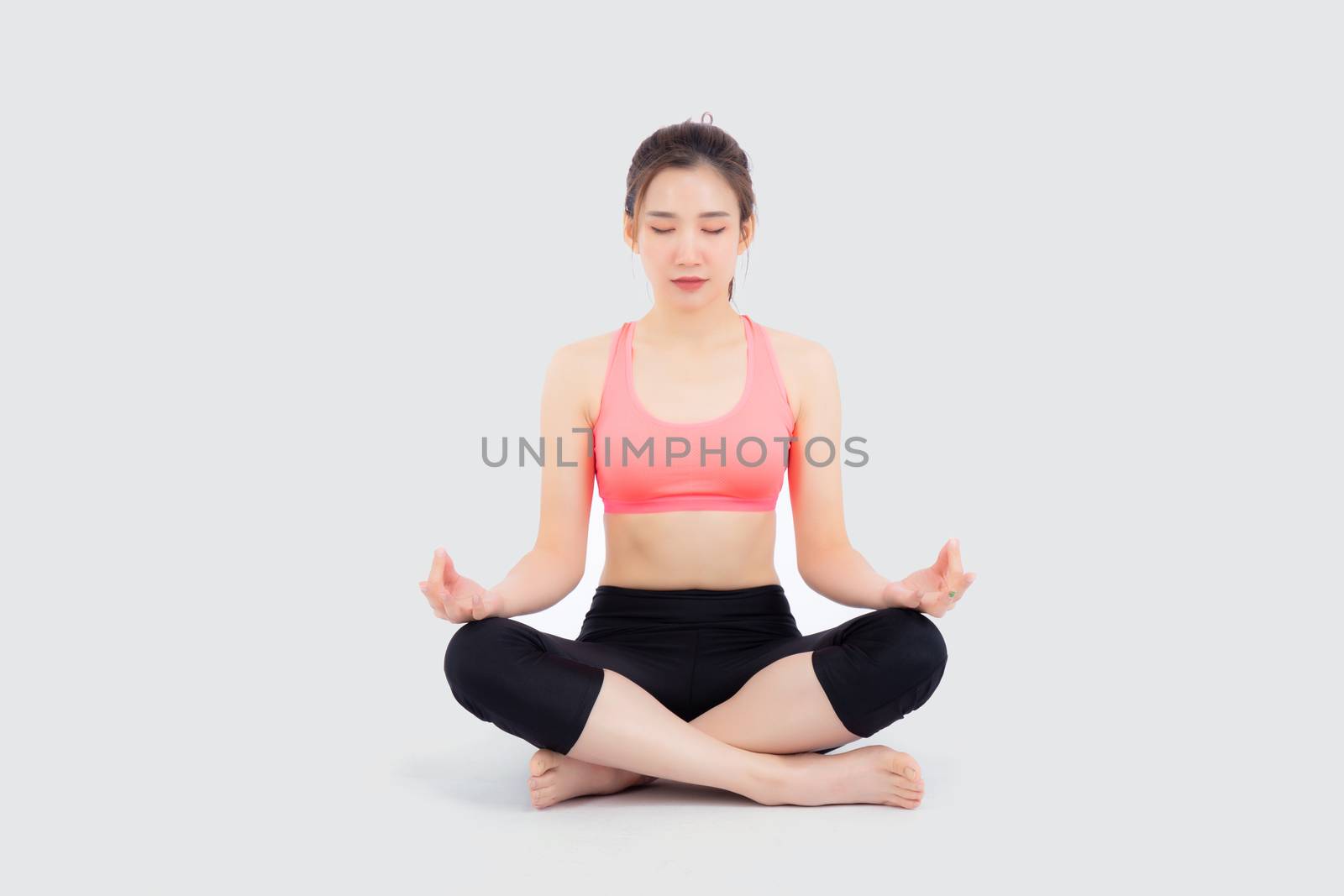 Beautiful portrait young asian woman sitting yoga, asia girl health care with workout fitness relaxing with active exercise isolated on white background, healthy and wellbeing concept.