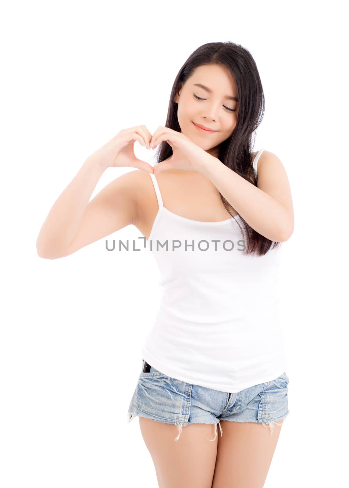 Beautiful asian woman show heart shape with hand, portrait girl  by nnudoo