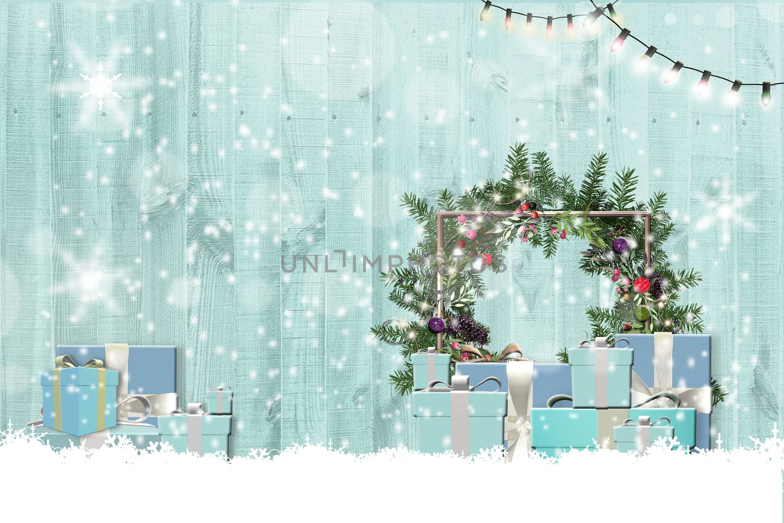 Holiday background for new year and Christmas in blue colour on wooden background with snow. Xmas gift boxes with bow, Xmas wreath, snowflakes, lights on blue wood. 3D render. Horizontal design