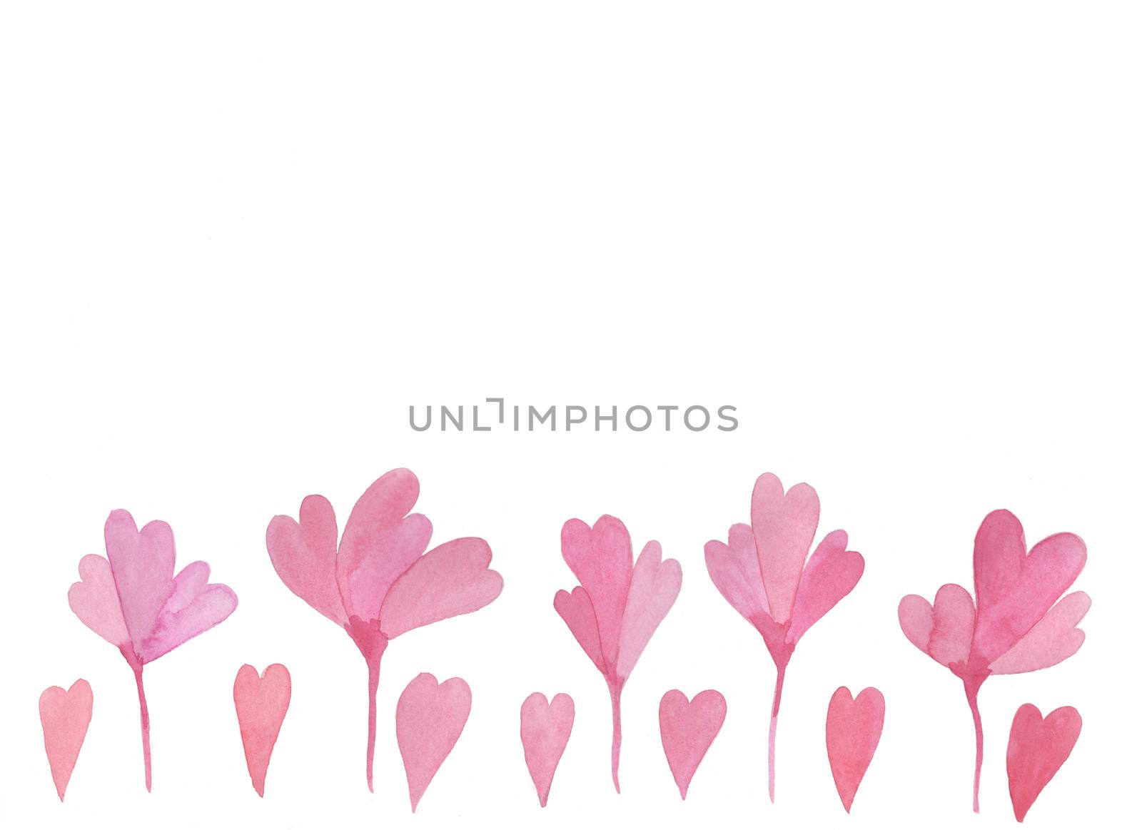 Hand-drawn watercolor flowers and hearts isolated on white background. Wedding or Valentine's template.