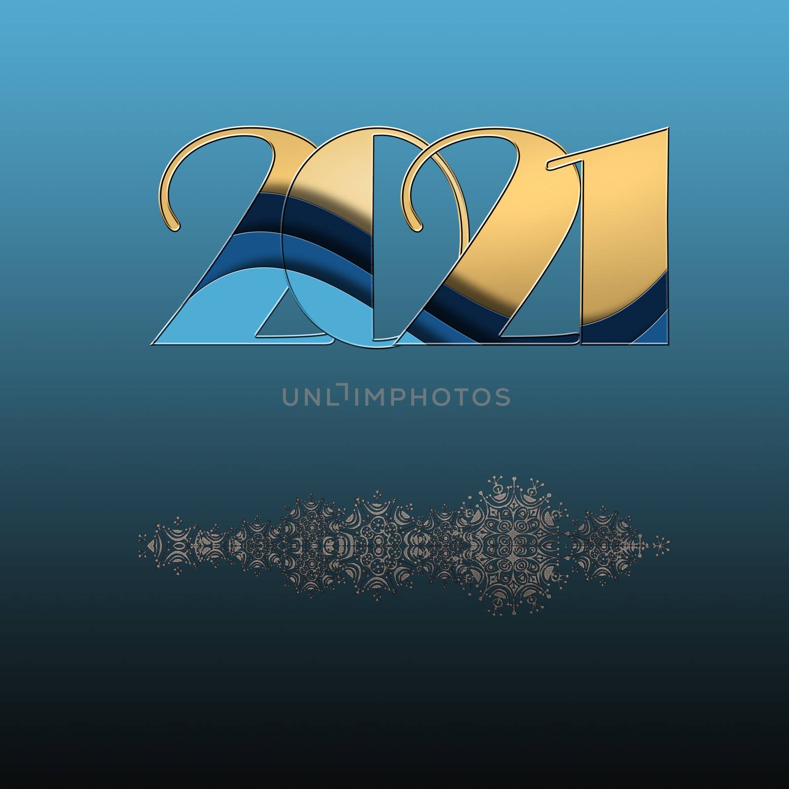 New Year party invitation in blue. 3D gold digit 2021, silver snowflakes border on blue background. 3D illustration