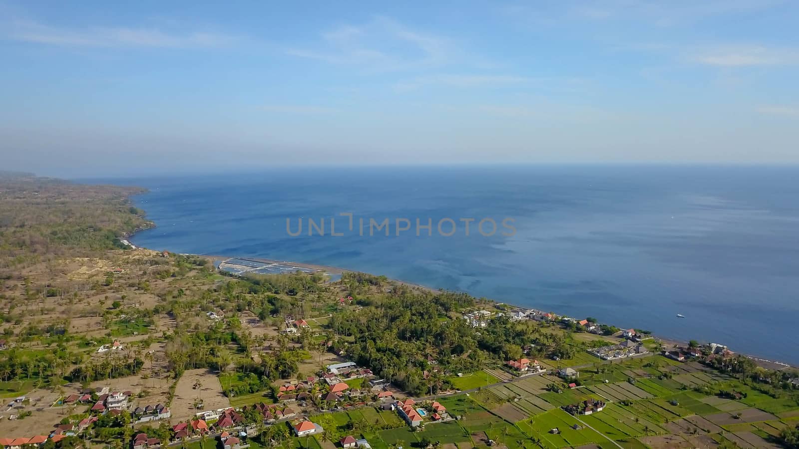 Aerial view of Amed bay coastline. Indonesia, Bali.