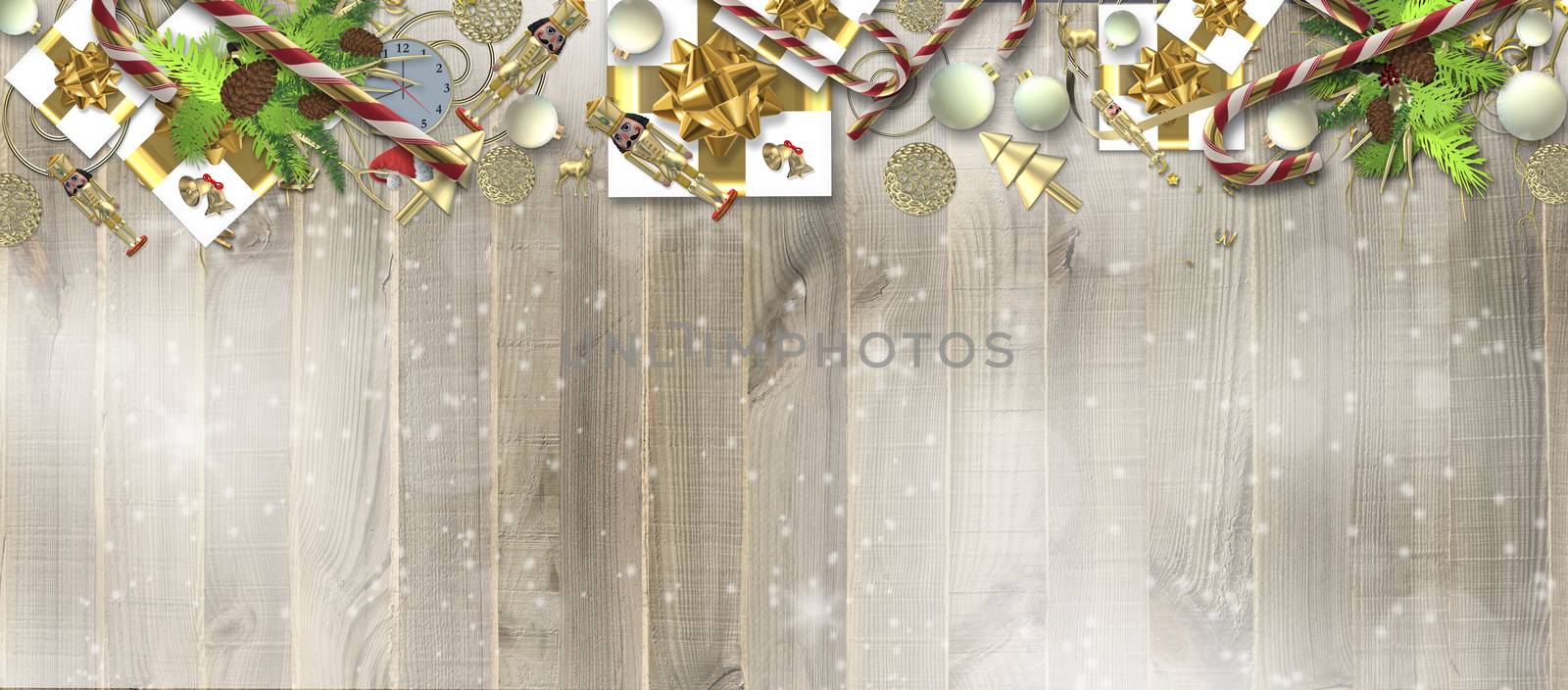 Horizontal Xmas sale banner on wood with realistic 3D Christmas symbols Xmas gift boxes, ball baubles, fir, gold confetti on wooden background with snow. Horizontal 3D illustration. Flat lay, top view