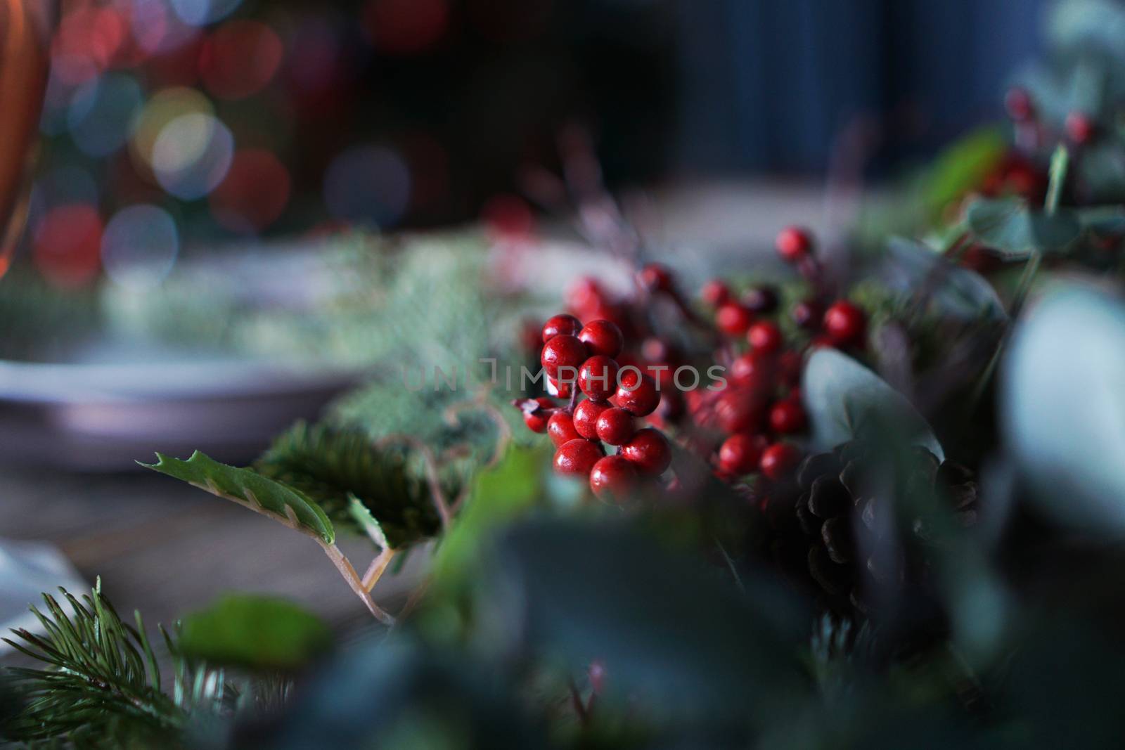 Rowan berries decor for Christmas party - blue, green and red colors