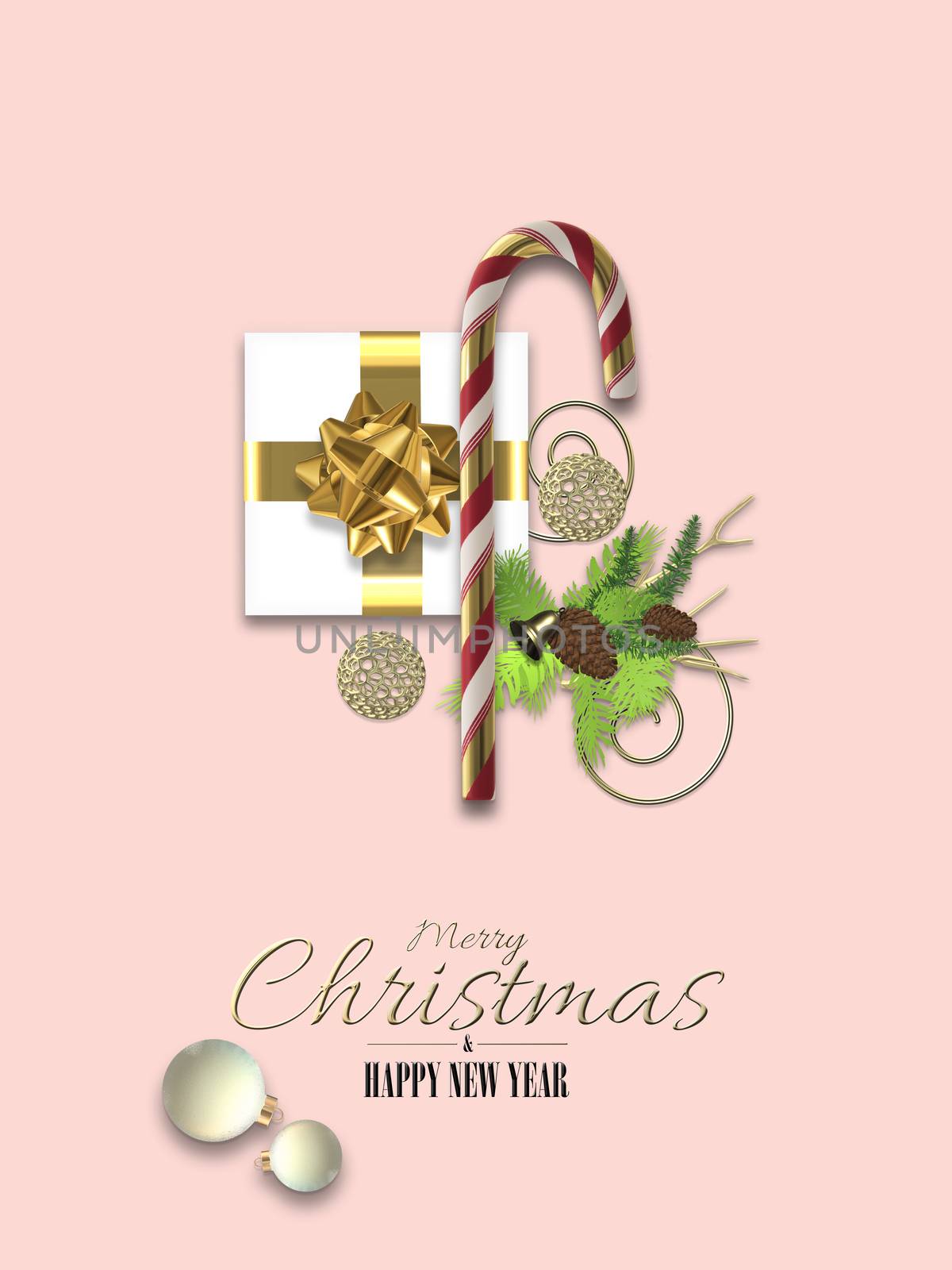 Christmas pink background. Xmas symbols Xmas gift box, candy cane, fir on pink background. Text Merry Christmas. Flat lay. 3D illustration