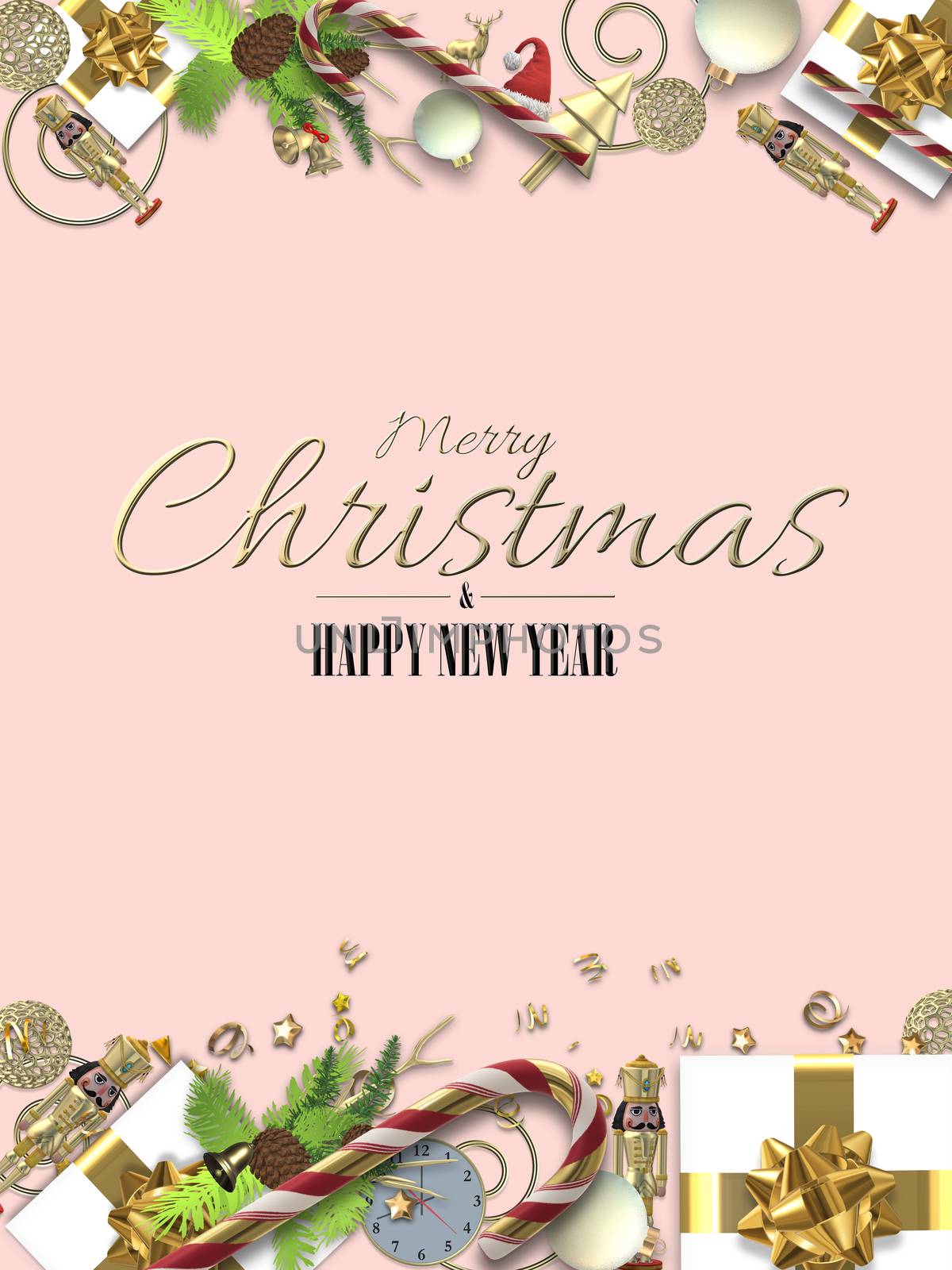 Holiday Christmas card on pink. Set of 3D realistic Xmas symbols Xmas gift boxes, fir, confetti on pink background. Flat lay. Gold text Merry Christmas Happy New Year. 3D illustration