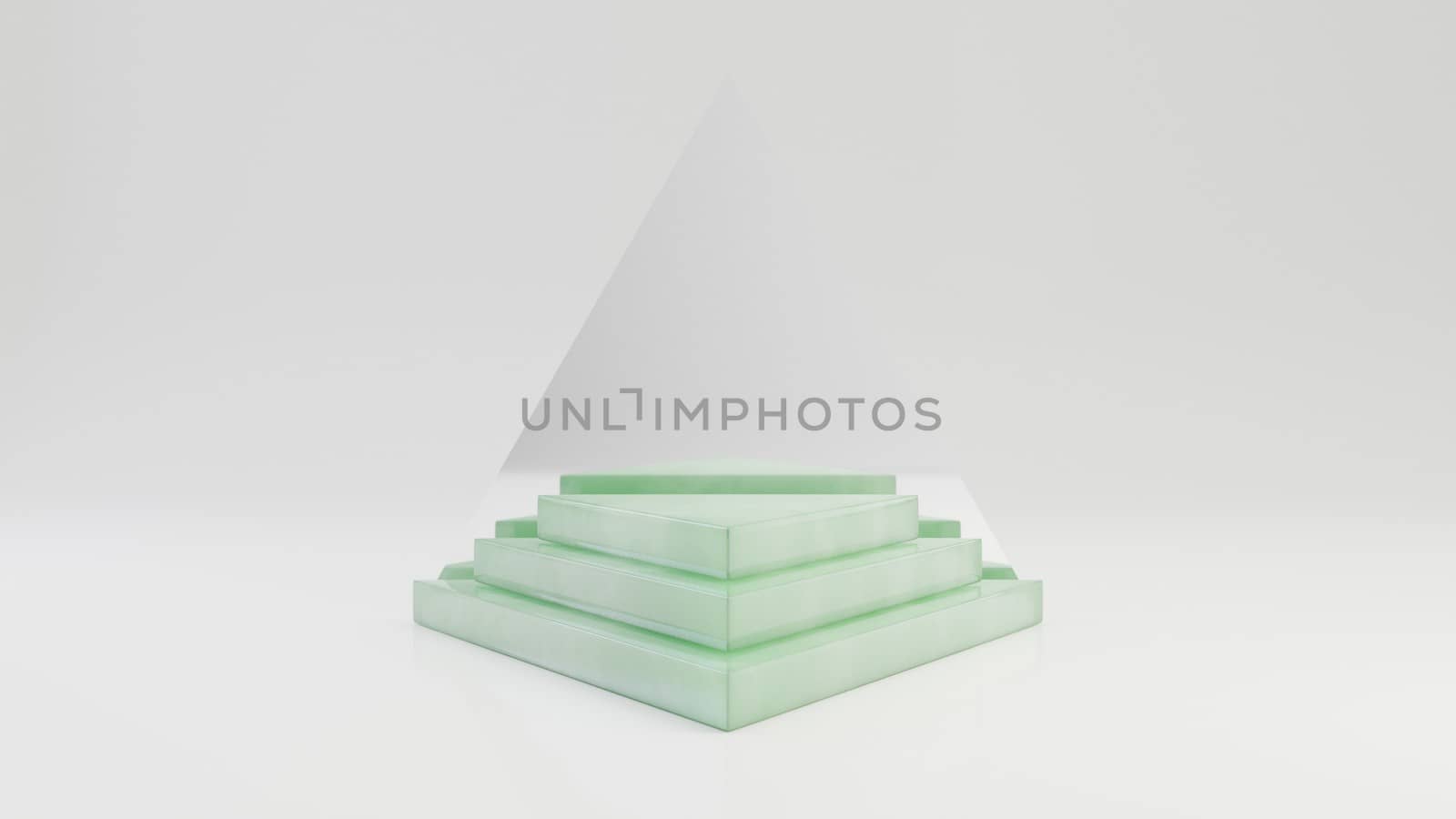 Triangle jade pedestal steps with mirror isolated on white background. 3d rendered minimalistic abstract background concept for product placement.