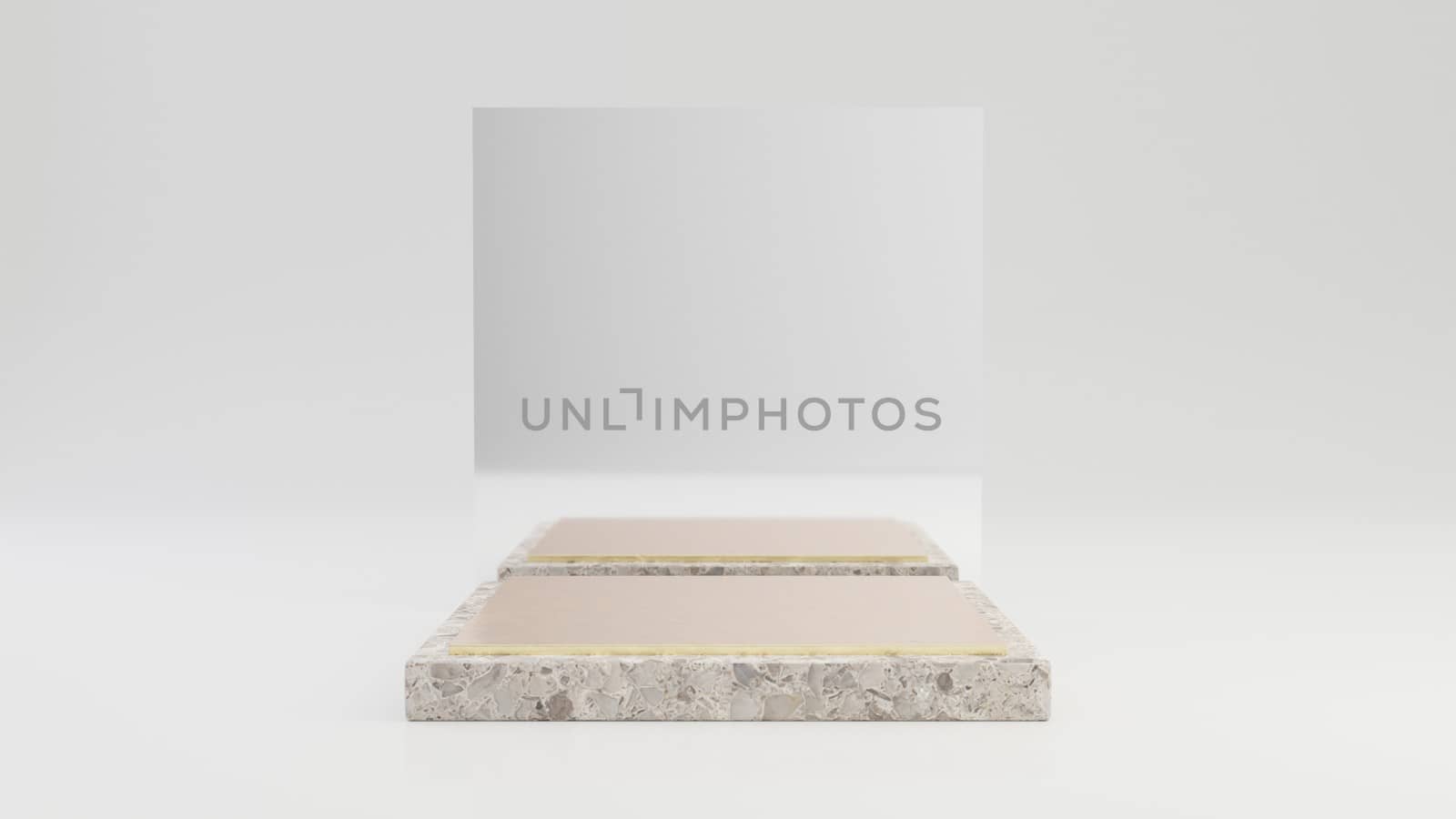 Stone marble podium with gold top isolated on white background. 3d rendered minimalistic abstract background concept for product placement.