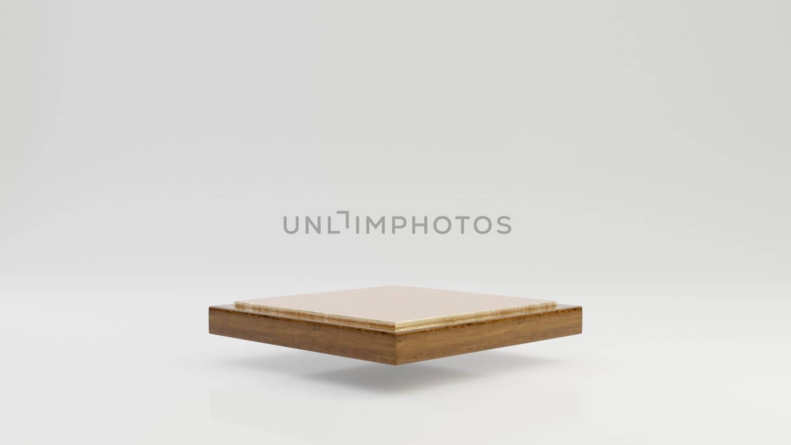 Levitating rhombus wooden podium with gold top isolated on white background. 3d rendered minimalistic abstract background concept for product placement.