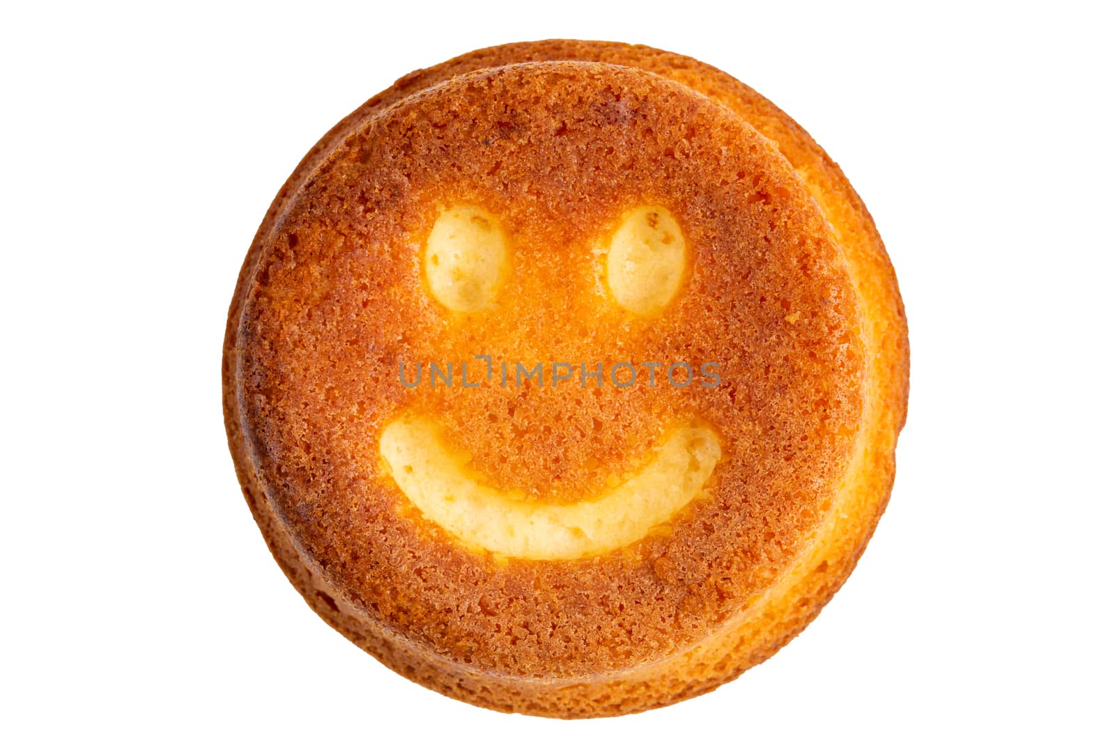 smiling face biscuit cookie isolated on white in flat lay perspective.