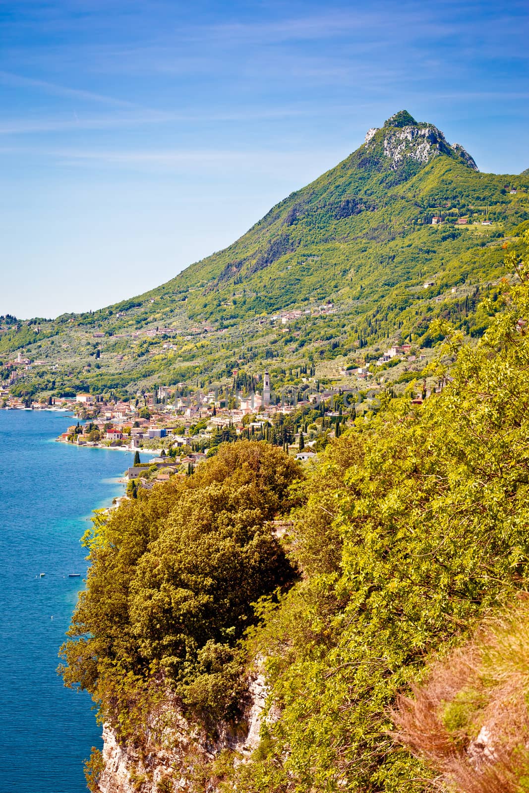 Garda lake west coast and village of Gargnano view, Lombardy region of Italy

