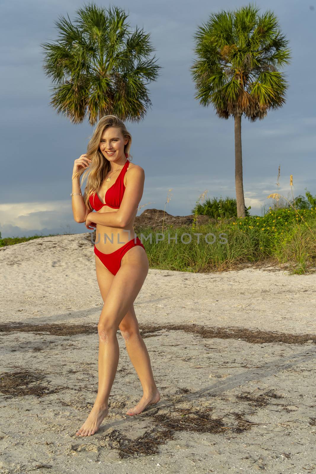 Lovely Blonde Bikini Model Posing Outdoors On A Caribbean Beach by actionsports