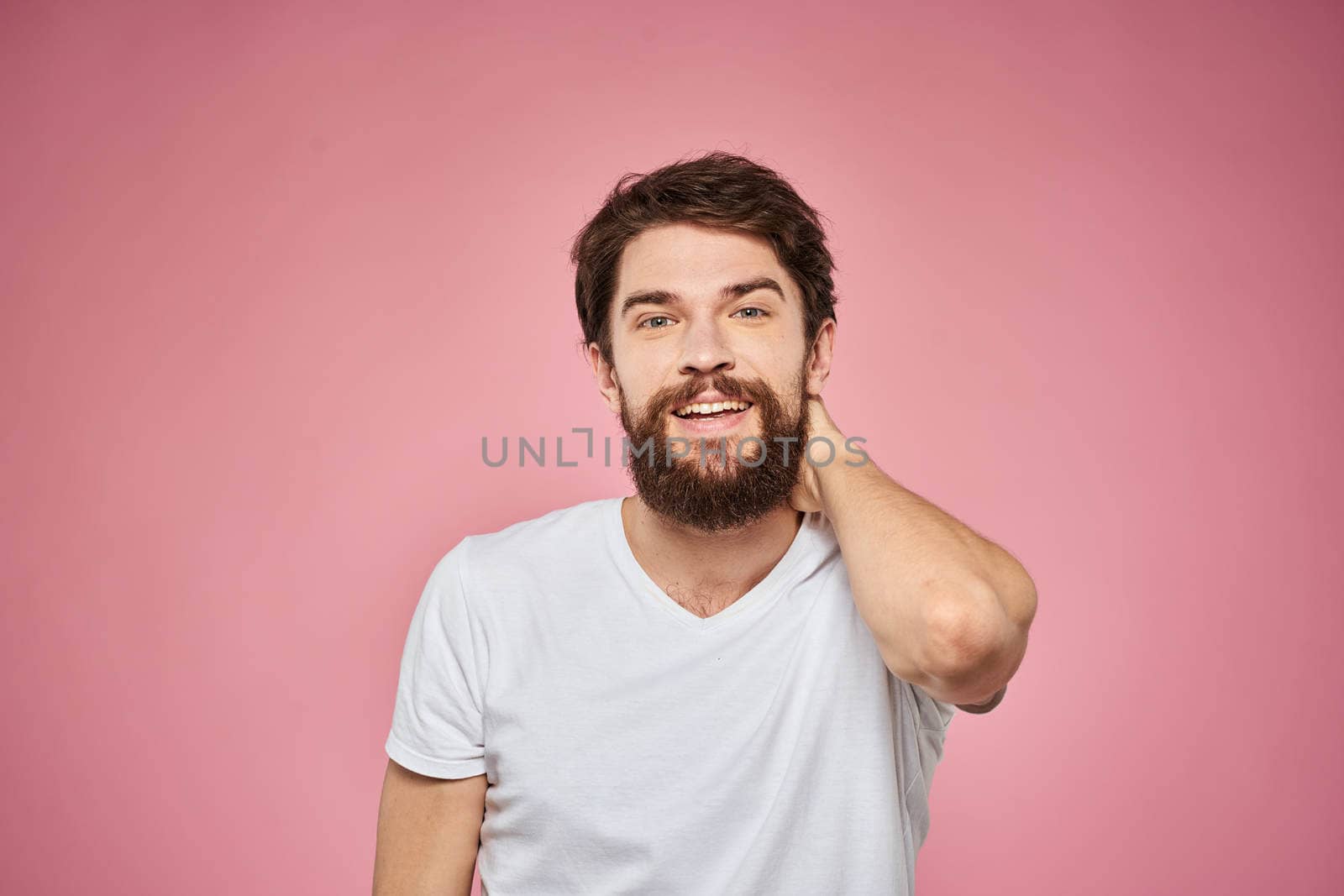 cute bearded men white t-shirt studio pink isolated background by SHOTPRIME