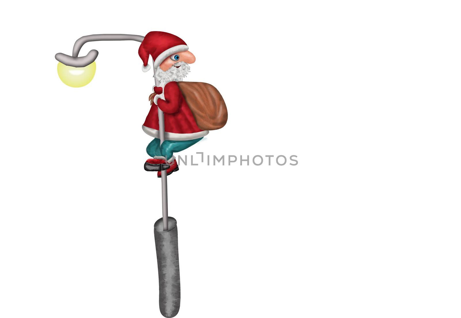 Cute friendly Santa Claus climbing a pillar with bag of gifts. Funny humorous winter holiday design element isolated on white background. Stock illustration