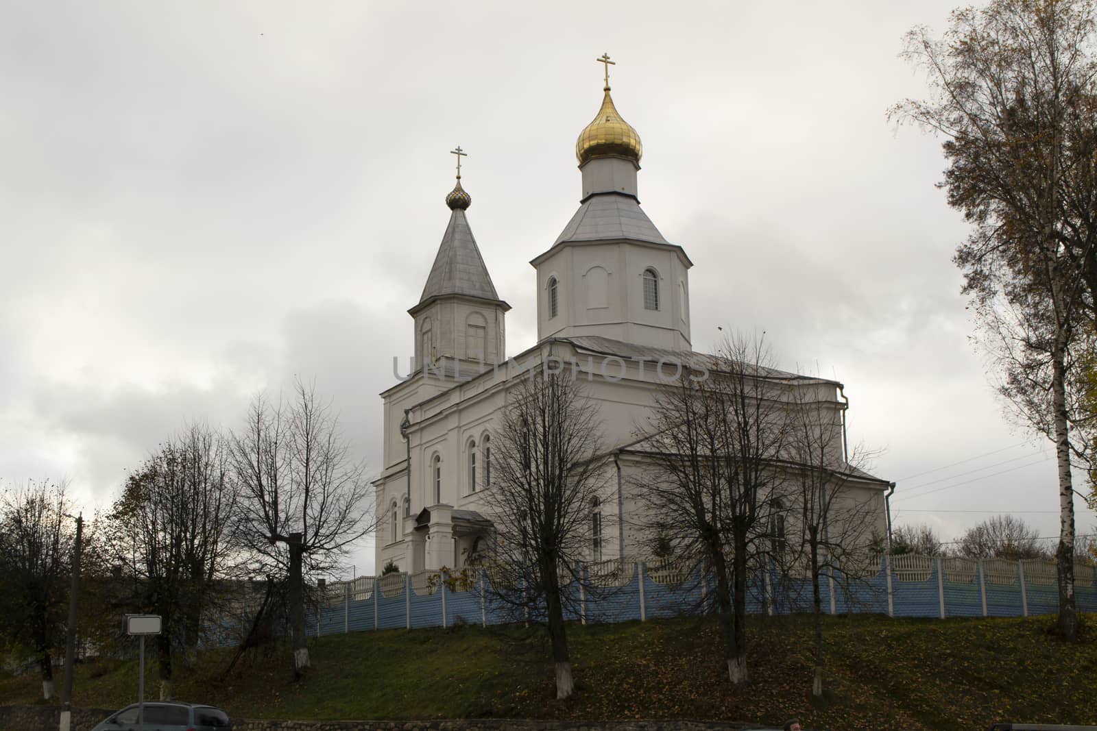 Old white St. Nicholas ortodox Church in Logoisk, Belarus