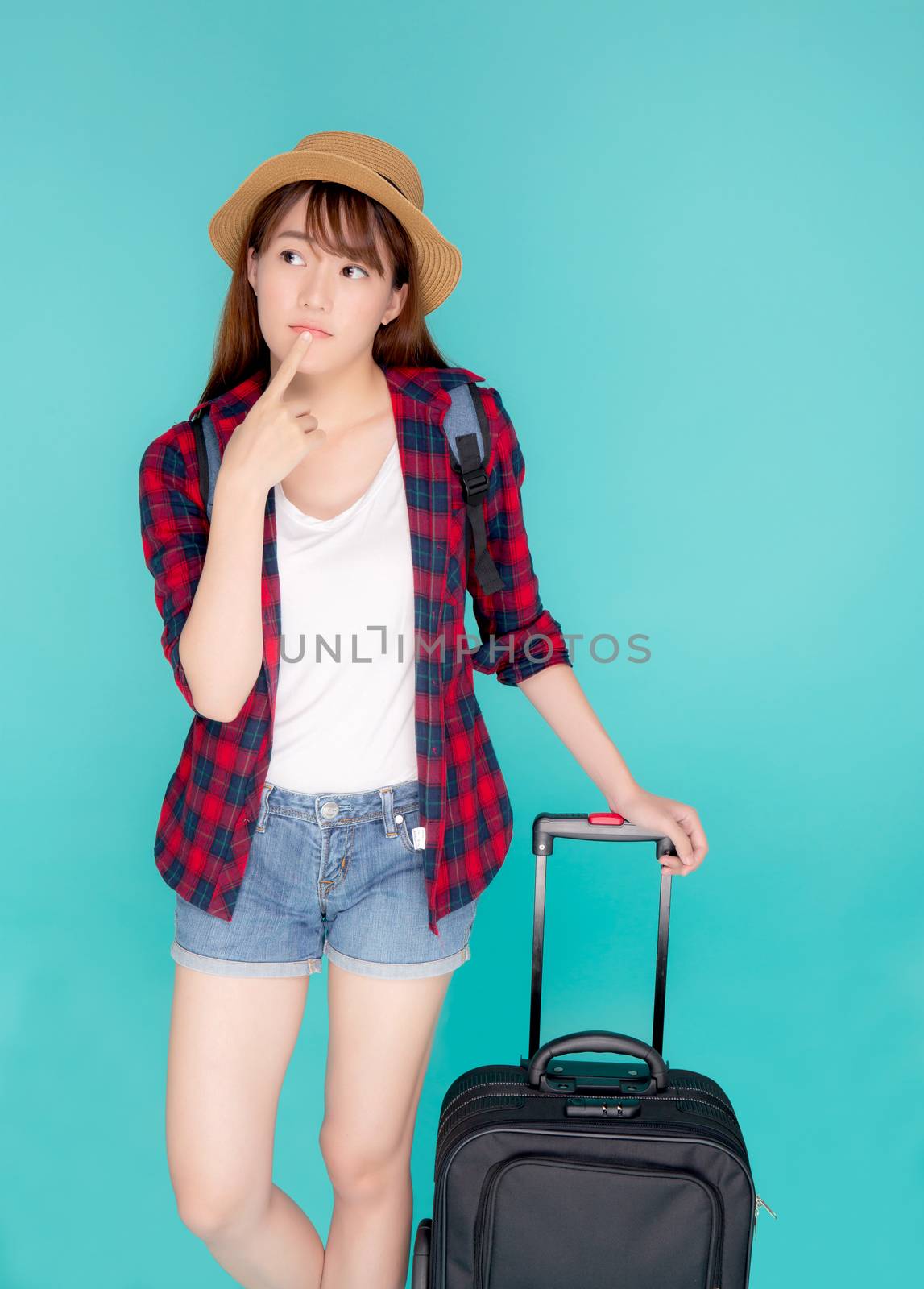 Beautiful portrait young asian woman thinking idea travel in vac by nnudoo