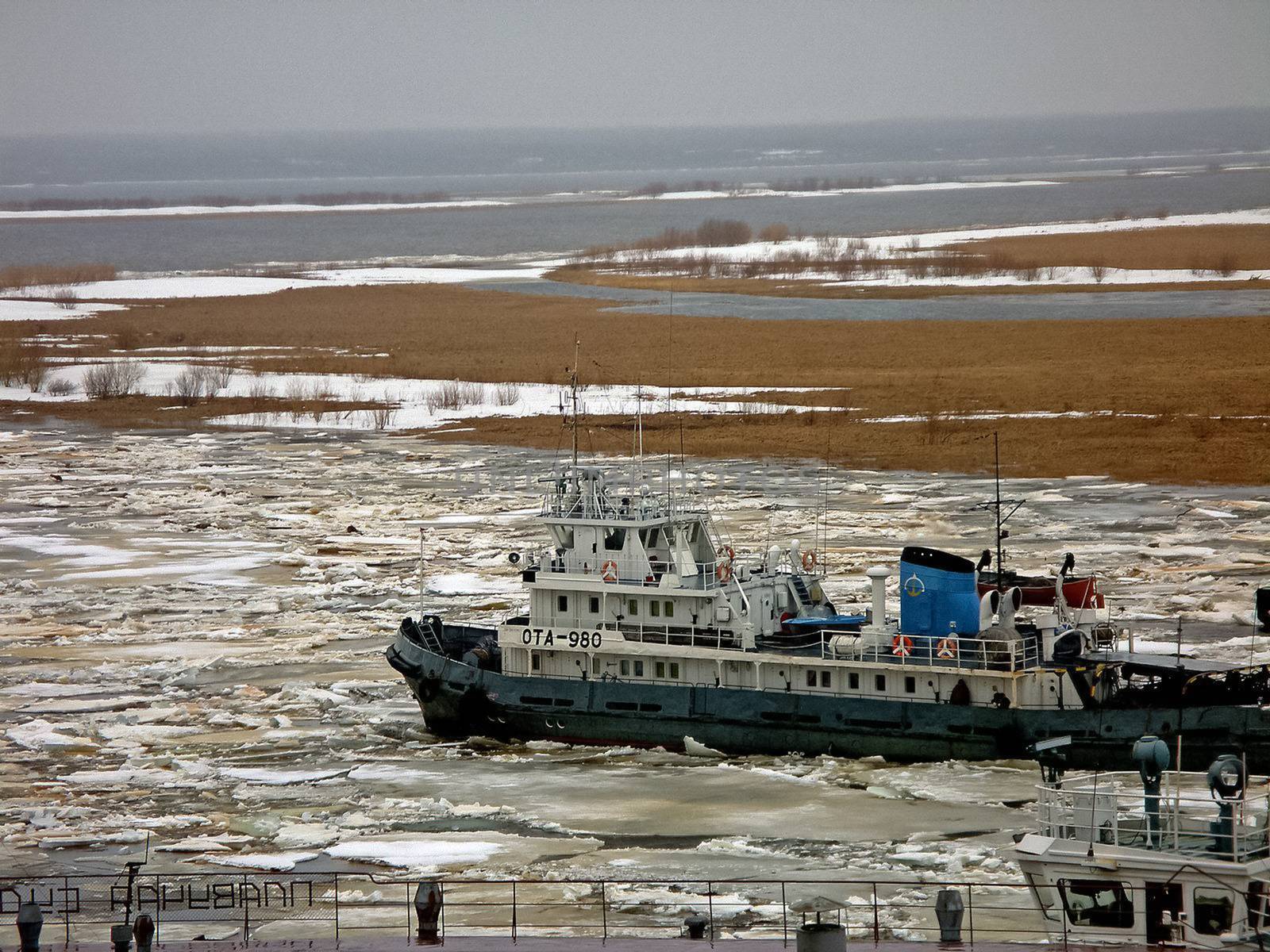 Salekhard, Russia - February 27, 2007: The commencement of navigation in the northern river of the Ob. Passenger ship.