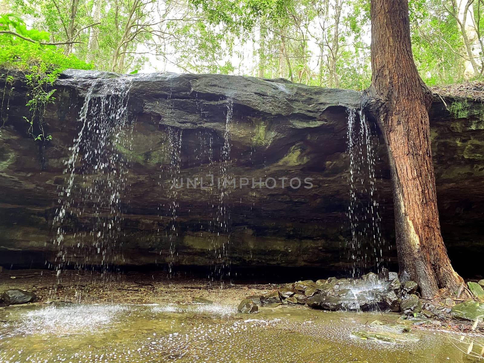 Tranquil cave waterfall after rain