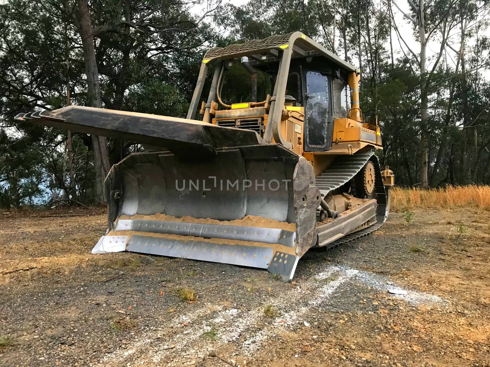 Bulldozer with tree pusher attachment