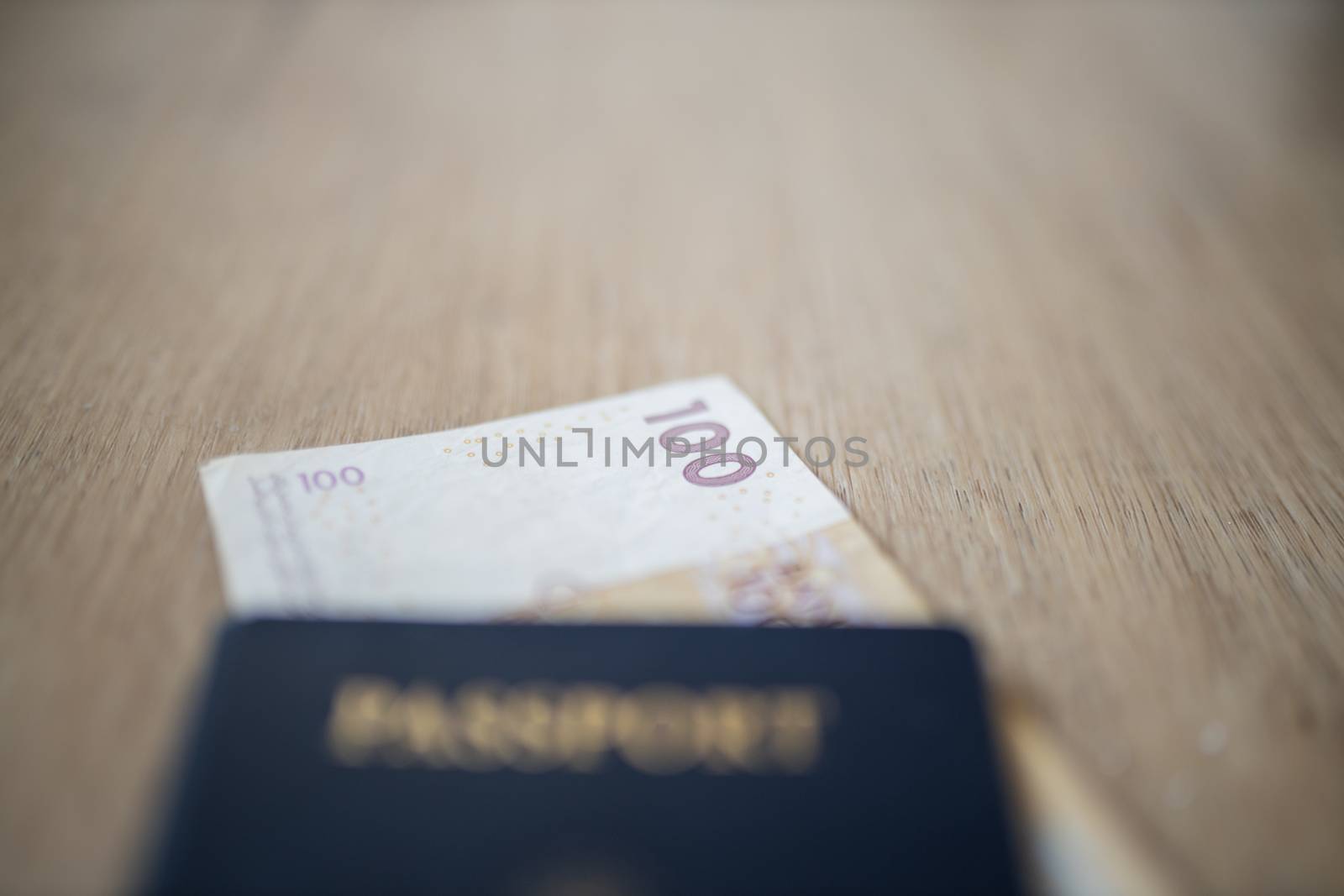 Picture of a 100 Moroccan Dirhams Bill Partially Inside a blurry United States of America Passport