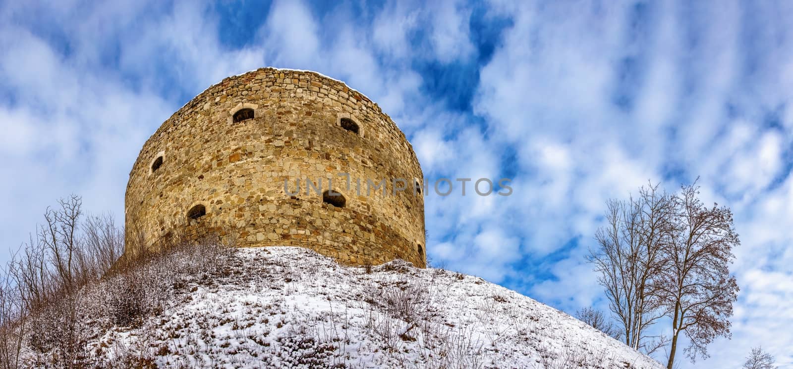 Terebovlia, Ukraine 01.06.2020. The ruins of the old Terebovlia castle, Ternopil region of Ukraine, on a sunny winter day