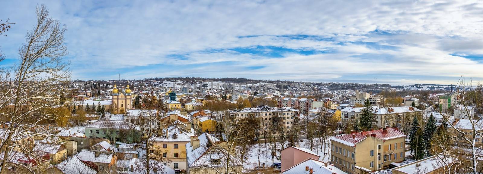 Terebovlia, Ukraine 01.06.2020. Panoramic top view of the town of Terebovlya, Ternopil region of Ukraine, on a sunny winter day